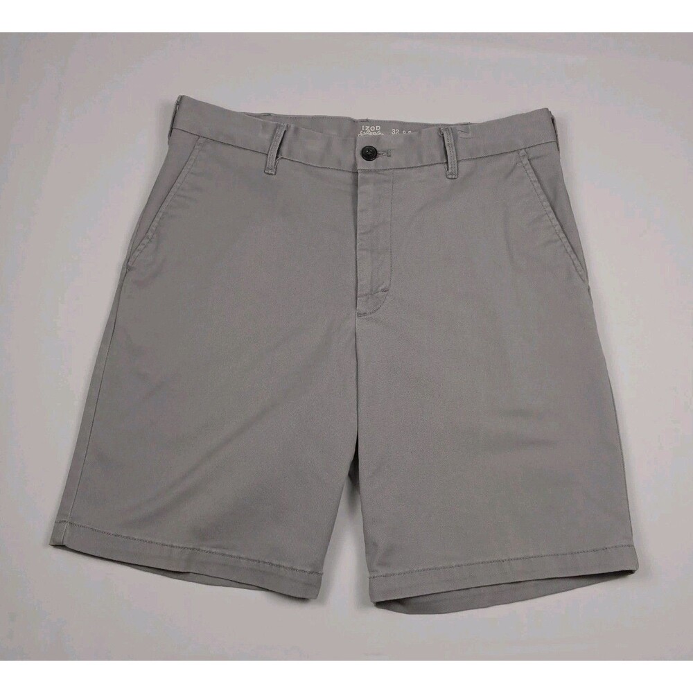 IZOD Saltwater Stretch Mens Size 32 Gray Flat Front Chino Shorts 9.5 Inseam